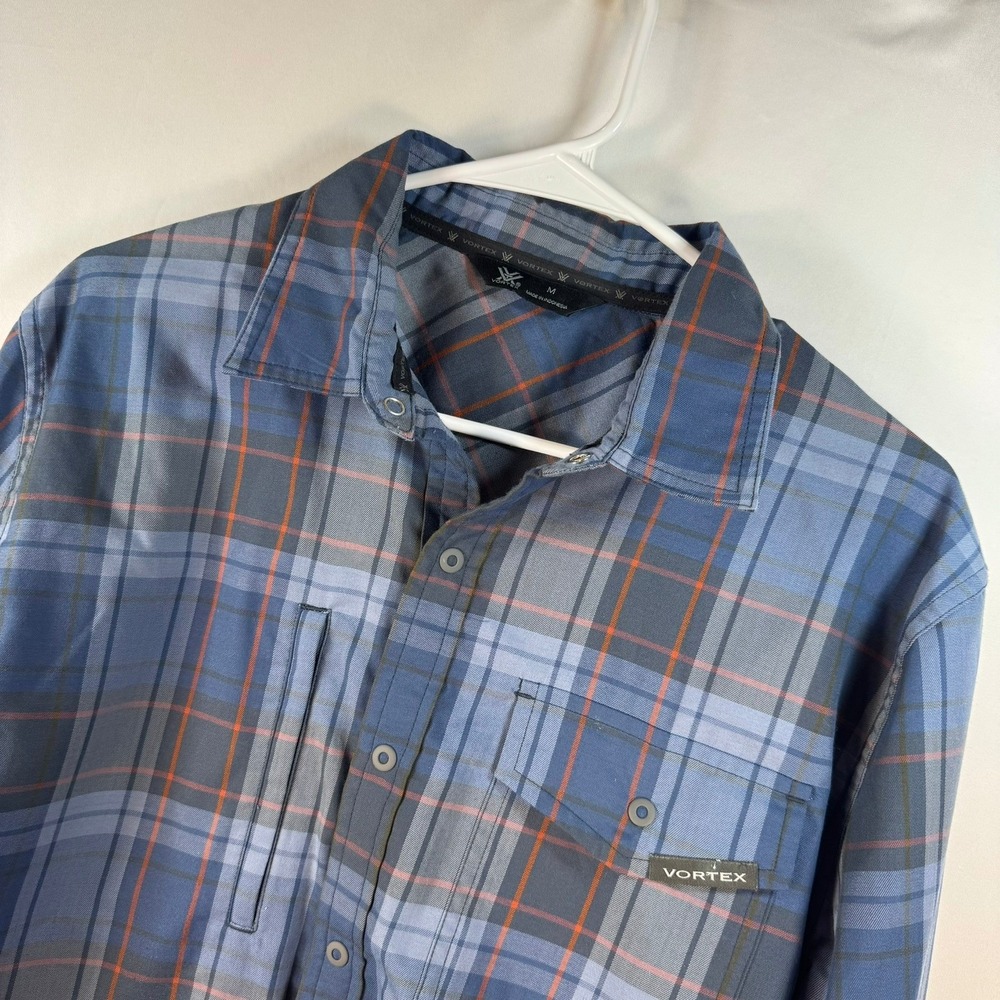 Vortex Optics Mens Blue Orange Plaid Long Sleeve Snap Button Down Shirt Medium